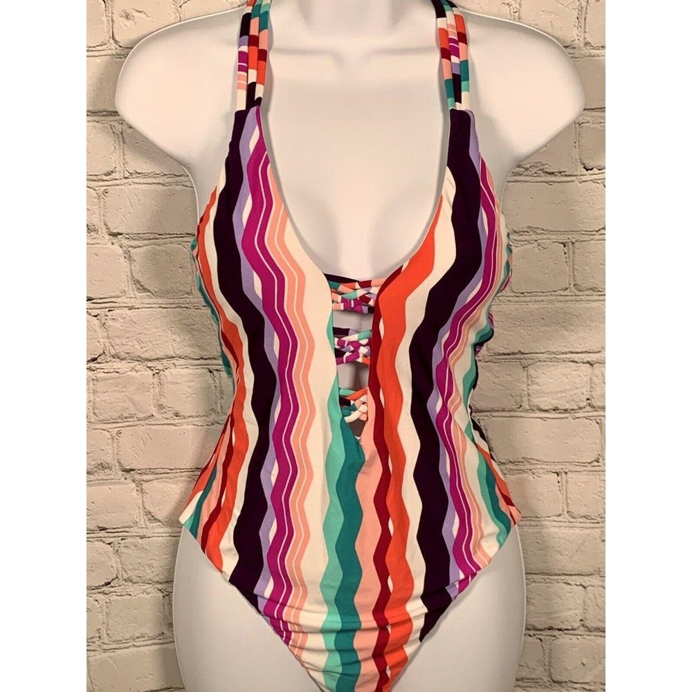 Bar III Large Colorful Waves Strappy One Piece